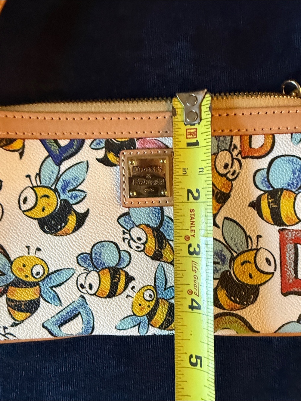 Dooney & Bourke Cream Bee Print Wristlet with Tan Trim and Blue Accents - Picture 4 of 5